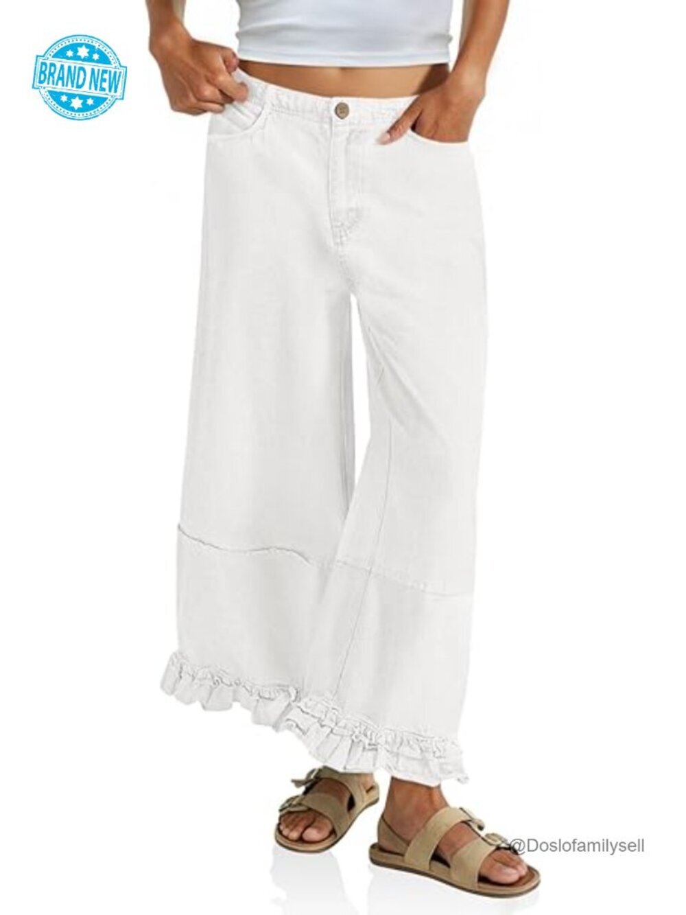 Ruffle Wide Leg Cropped Jeans - Elastic High Waisted Baggy Denim Pants